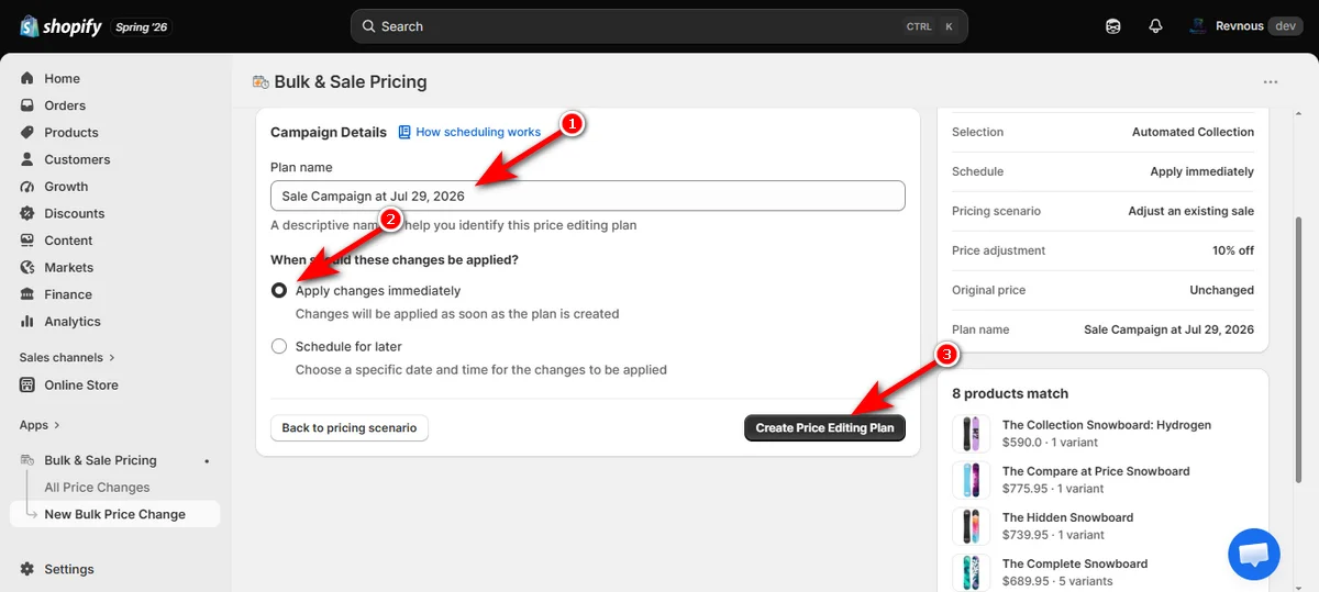23- write your campaign name and choose publishing time and hit create price editing plan button