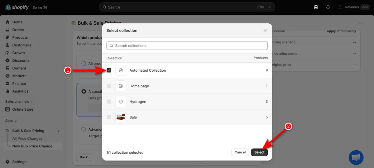 checkmark a product collection and hit select button