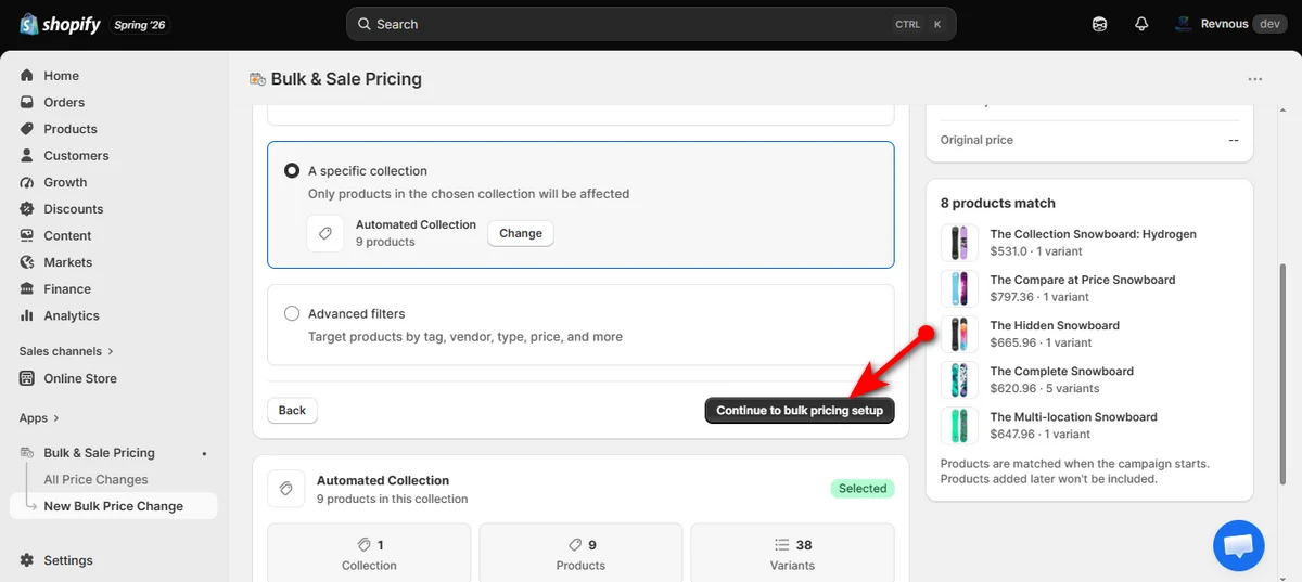 click continue to bulk pricing setup button