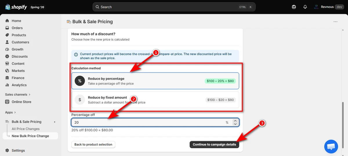 select a discount method and click continue to campaign details button