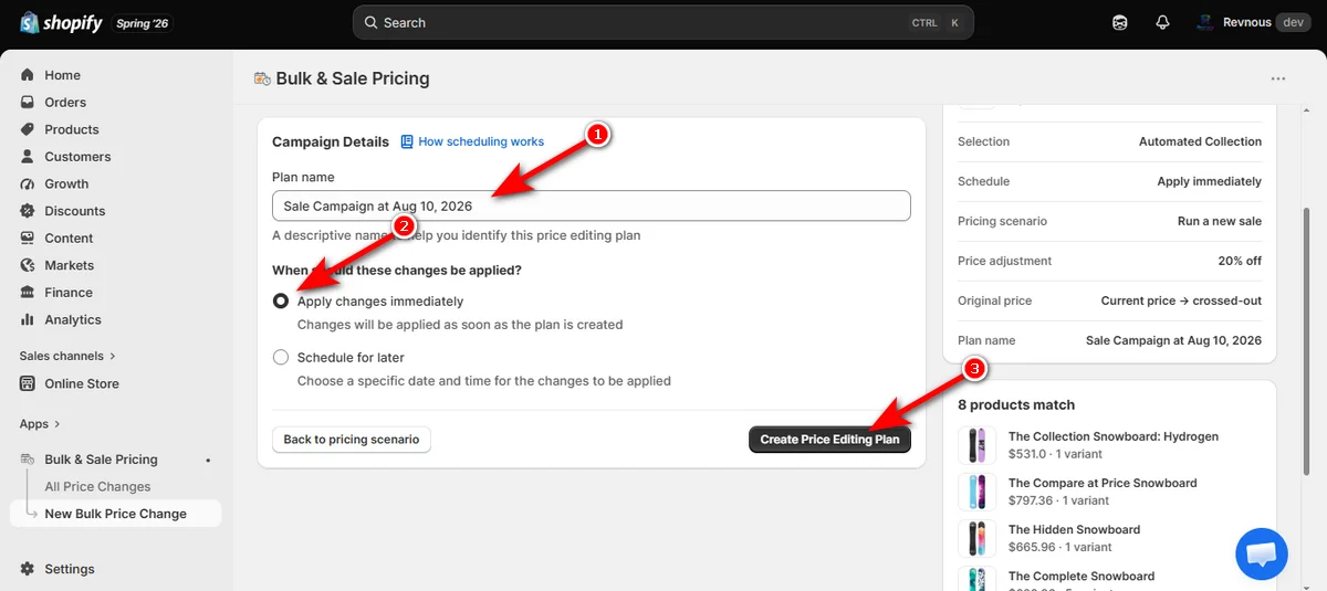 type a plan name and choose a schedule and click create price editing plan button