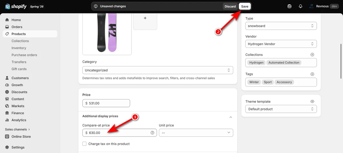 3- input a value in compare at price field and hit the save button