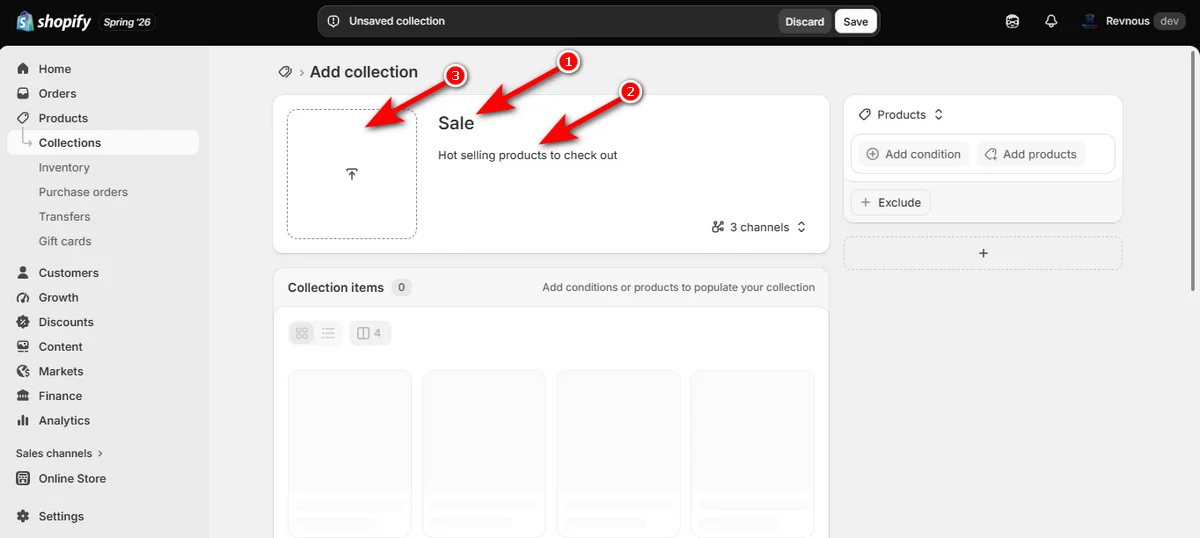 2- write a collection name and a description and click on collection image arrow