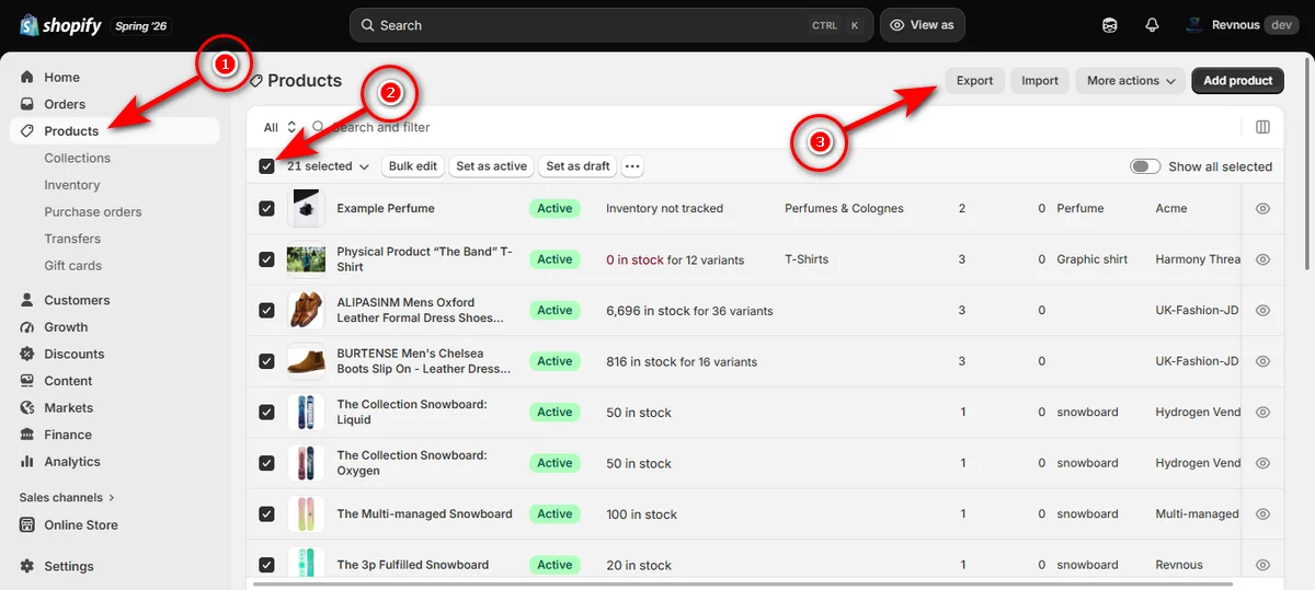 4- go to products and check all products and click export button