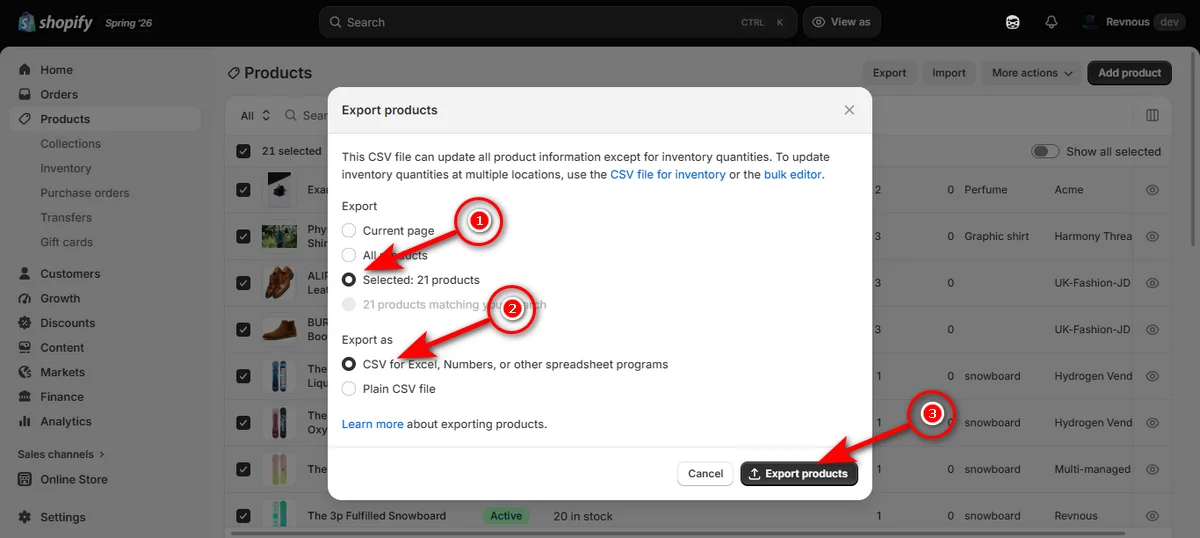 5- select your preferred export options and click export products button