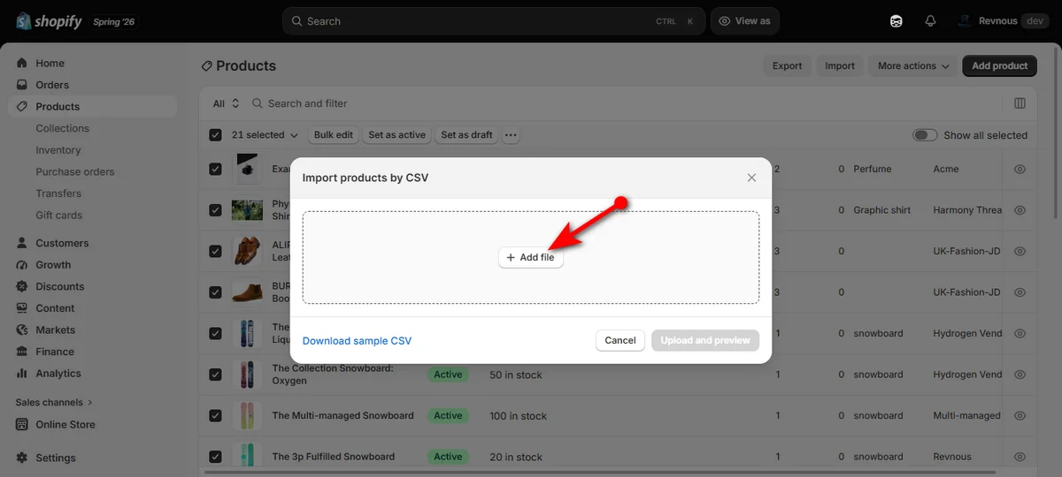 8- hit plus add file button and upload the csv file